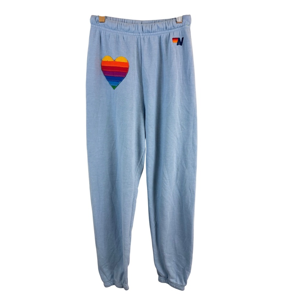Aviator Nation Heart Sweatpants Womens XS Light Blue Rainbow Patch Joggers